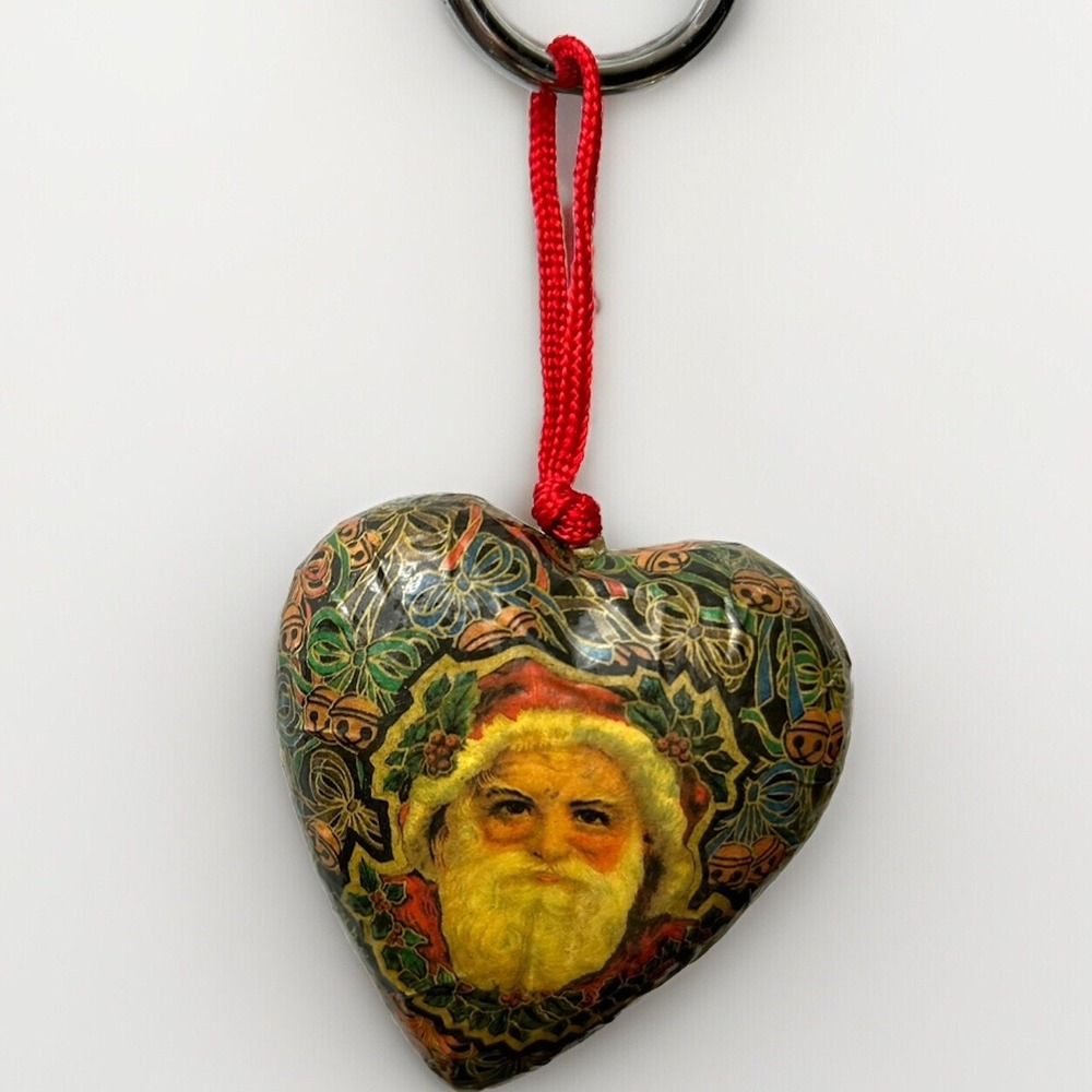 Santa Christmas Ornament Decoupage Paper Mache Heart Shaped Vtg Old World Tree